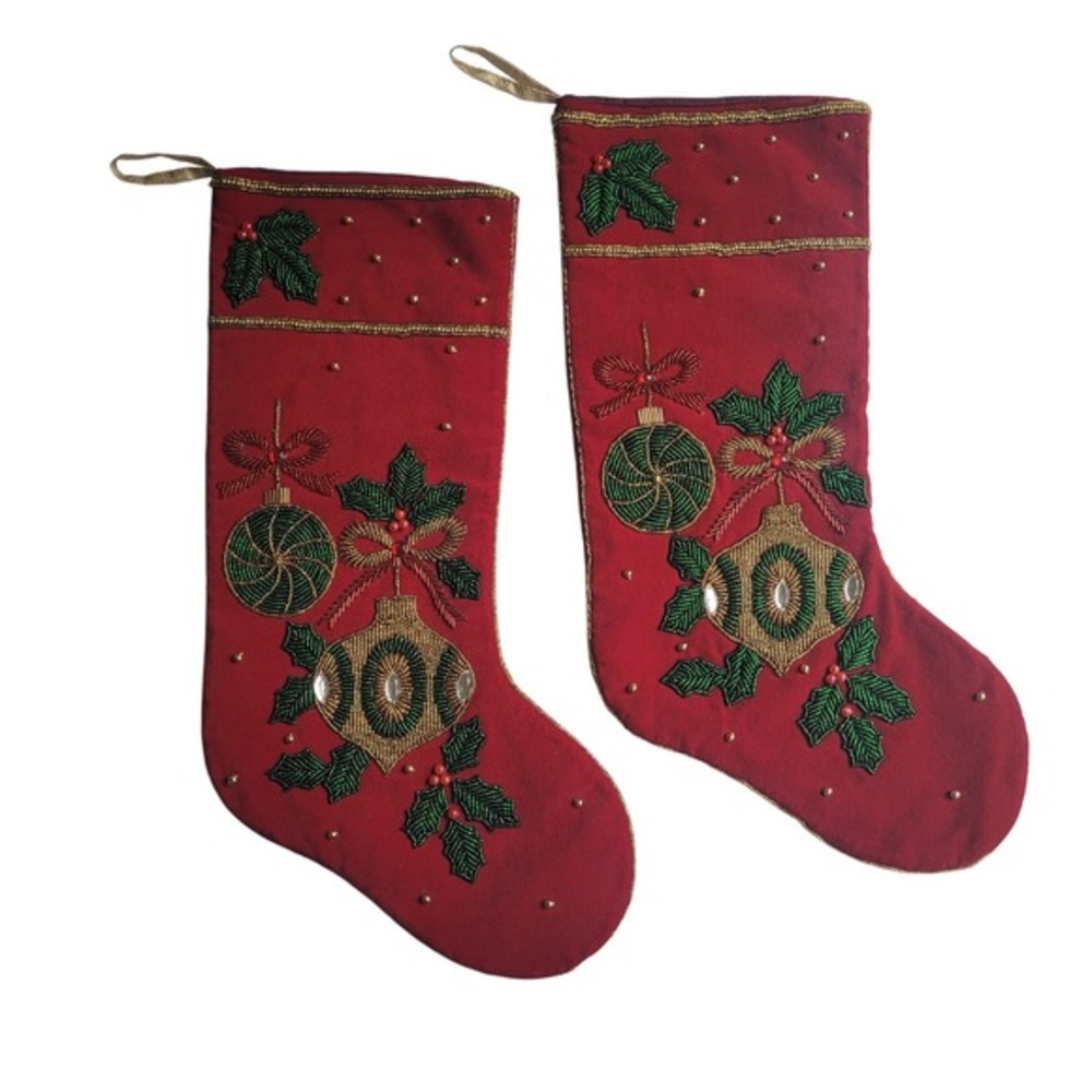 Vtg Dandee Red Beaded Christmas Stocking‎ Ornaments Lot of 2